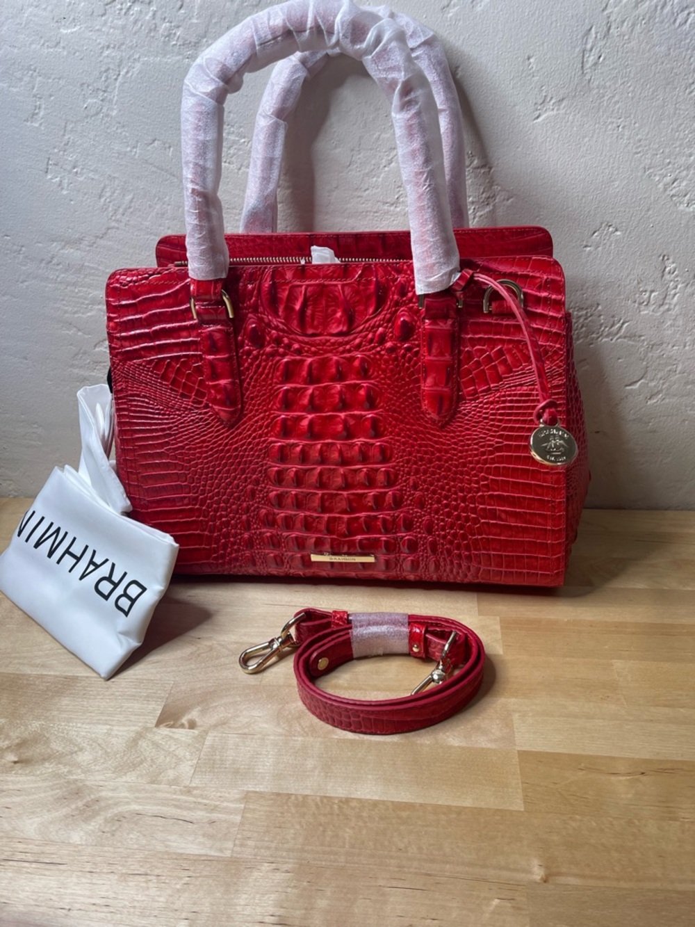 Brahmin Small Finley Red Croc-Embossed Leather Satchel